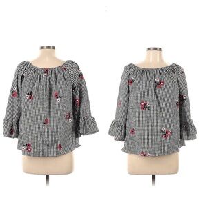 Mirror Image Large Top Gingham Embroidered Floral Off Shoulder Blouse  Spring